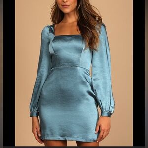 Lulus Got The Love Slate Blue Satin Square-Neck Mini Dress size small
